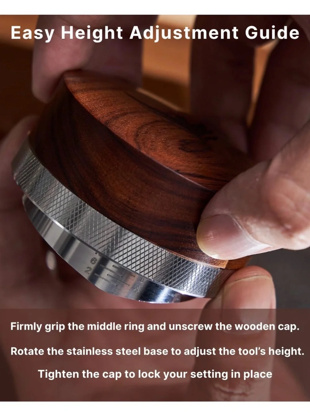 54mm Espresso Distribution Tool in Stainless Steel / Rosewood w/Adjustable Depth